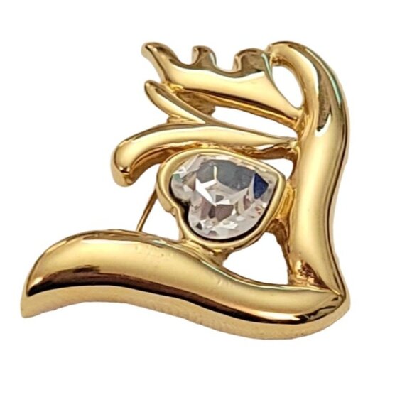 Monet Vintage Gold Tone Heart Rhinestone LOVE Brooch Pin, Signed L32 - Picture 4 of 10